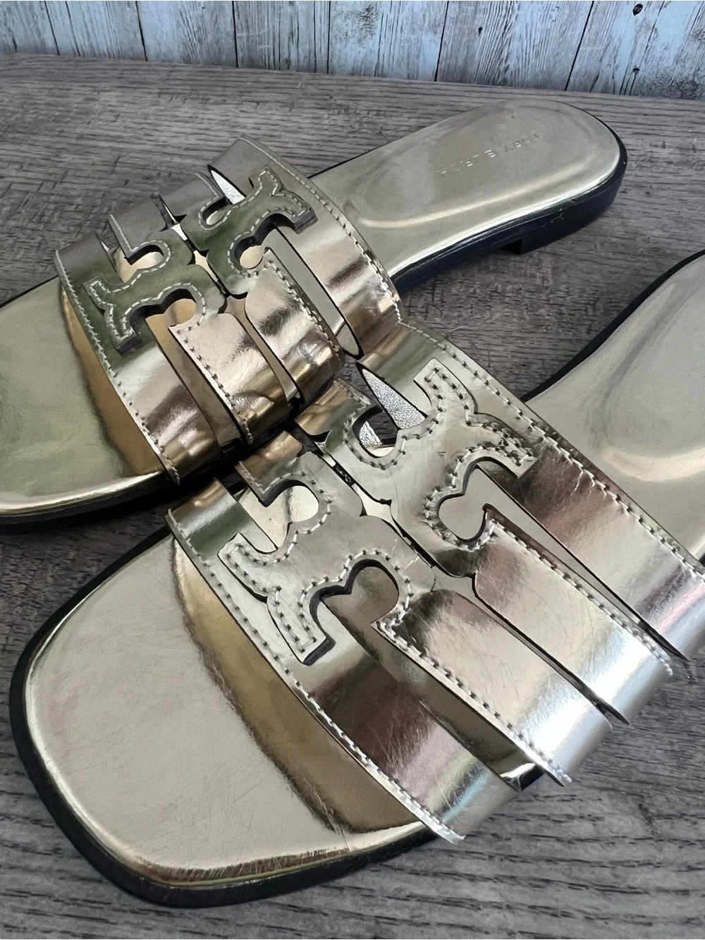 Tory Burch Ines Metallic Gold Triple-Strap Slide Sandals Size 7